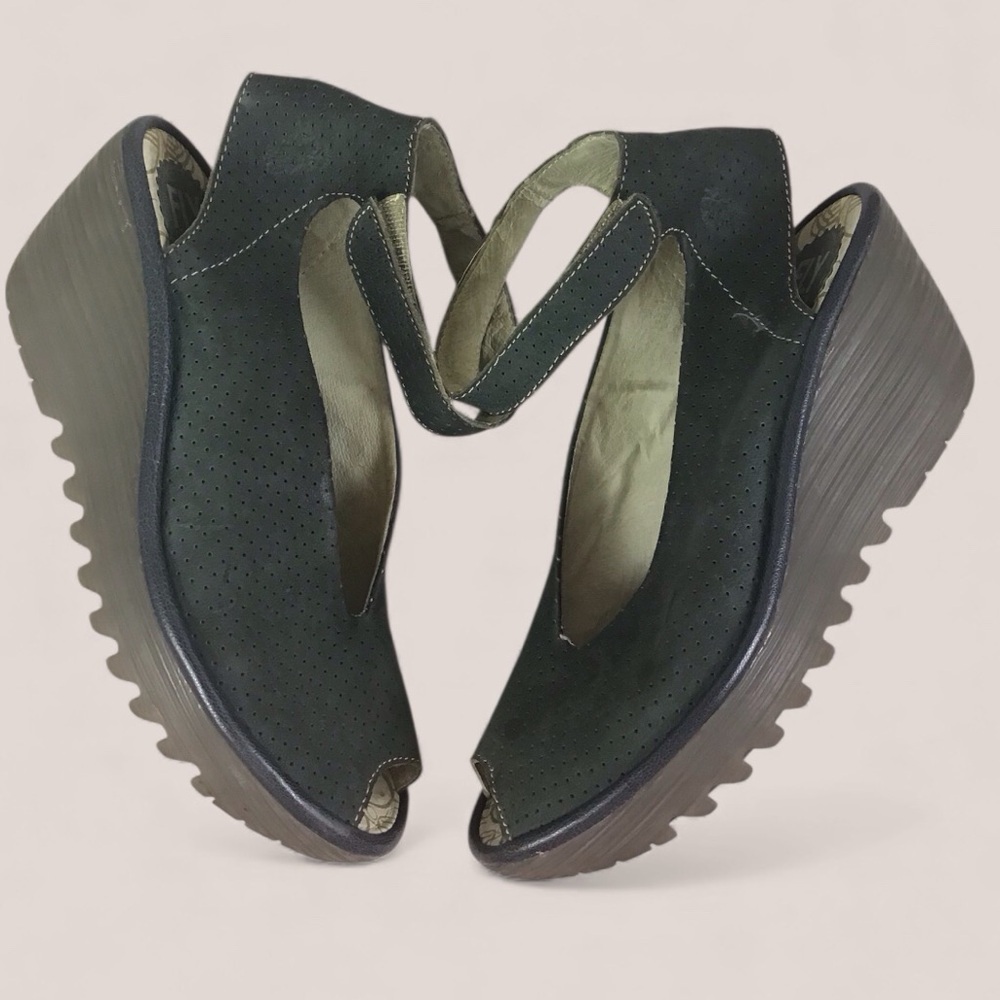 Fly London Yala Perforated Suede Forest Green Peep Toe Ankle Strap Women’s 38